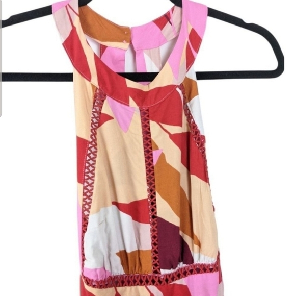 Abel the Label Red Pink Halter Open Back Tie Abstract Leaf Print Maxi Dress sz M - Picture 3 of 12